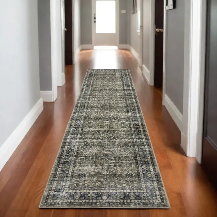 8' Charcoal And Blue Oriental Distressed Runner Rug