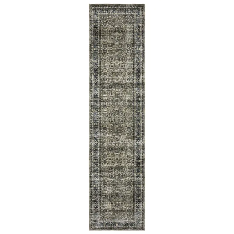 8' Charcoal And Blue Oriental Distressed Runner Rug