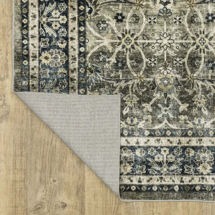 8' Charcoal And Blue Oriental Distressed Runner Rug