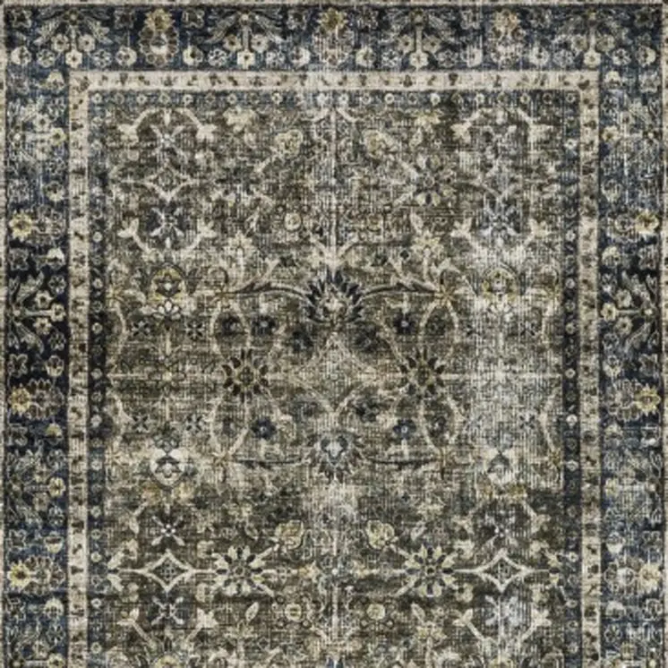 8' Charcoal And Blue Oriental Distressed Runner Rug