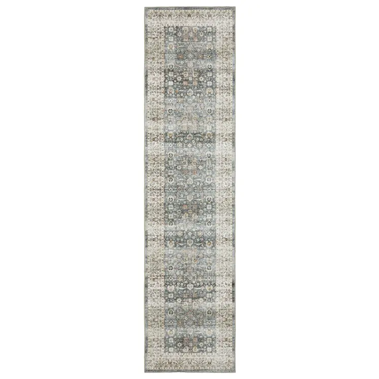 8' Gray And Ivory Oriental Distressed Runner Rug