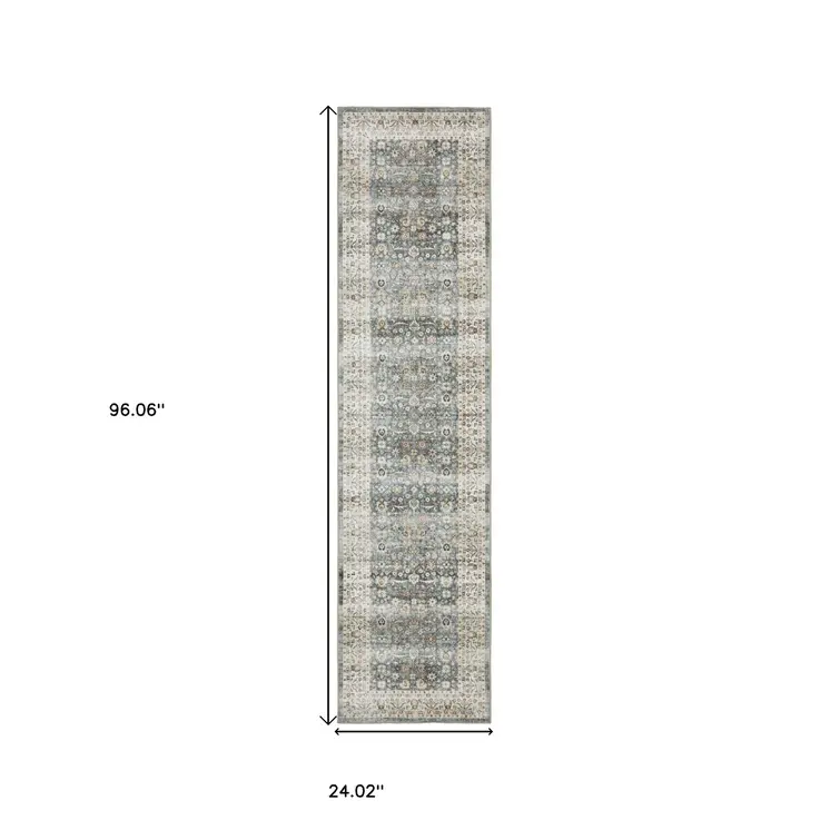 8' Gray And Ivory Oriental Distressed Runner Rug