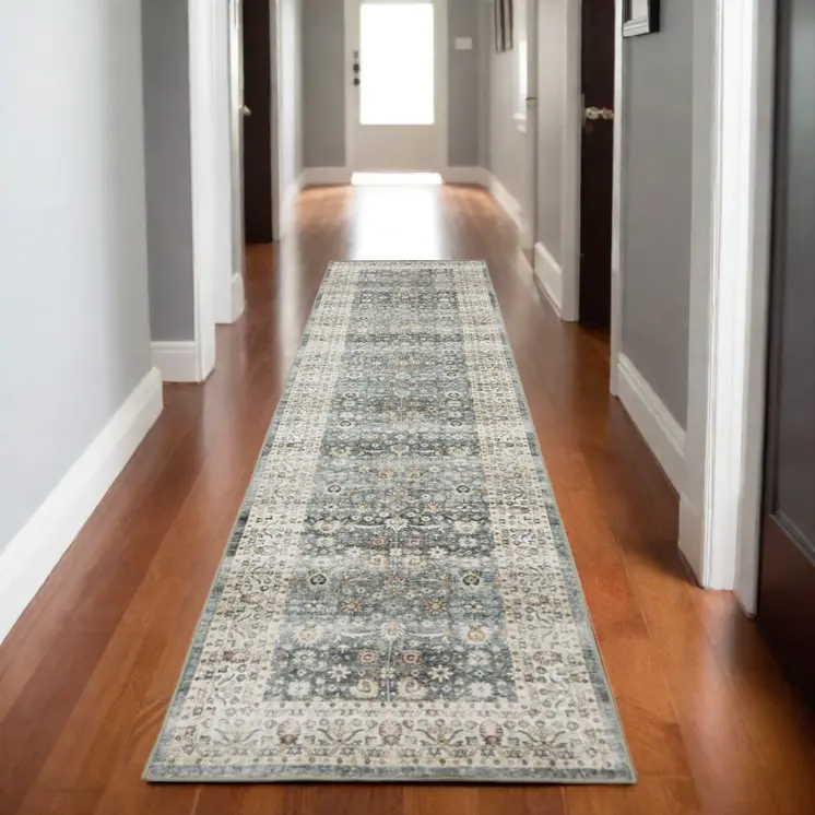 8' Gray And Ivory Oriental Distressed Runner Rug