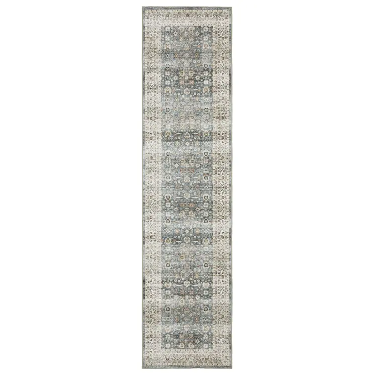 8' Gray And Ivory Oriental Distressed Runner Rug