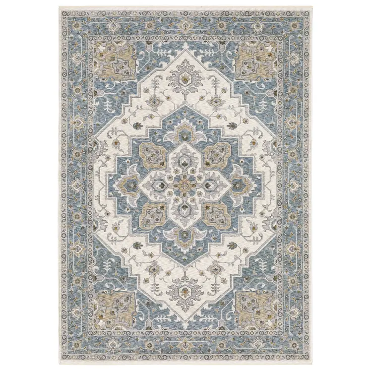 3' X 5' Blue And Ivory Medallion Distressed Area Rug With Fringe