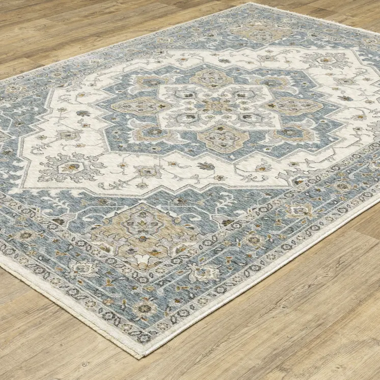 3' X 5' Blue And Ivory Medallion Distressed Area Rug With Fringe