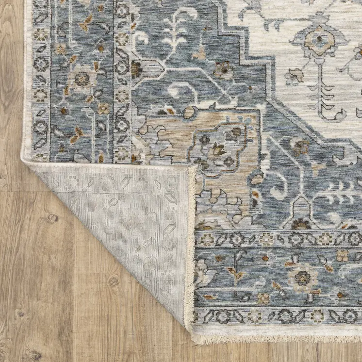 3' X 5' Blue And Ivory Medallion Distressed Area Rug With Fringe
