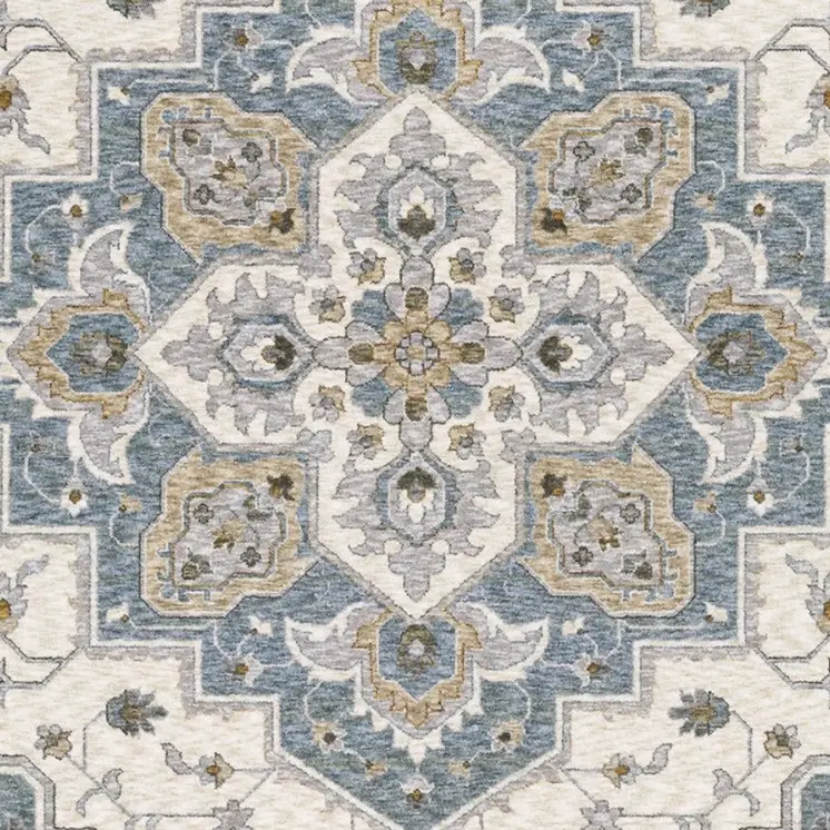 3' X 5' Blue And Ivory Medallion Distressed Area Rug With Fringe