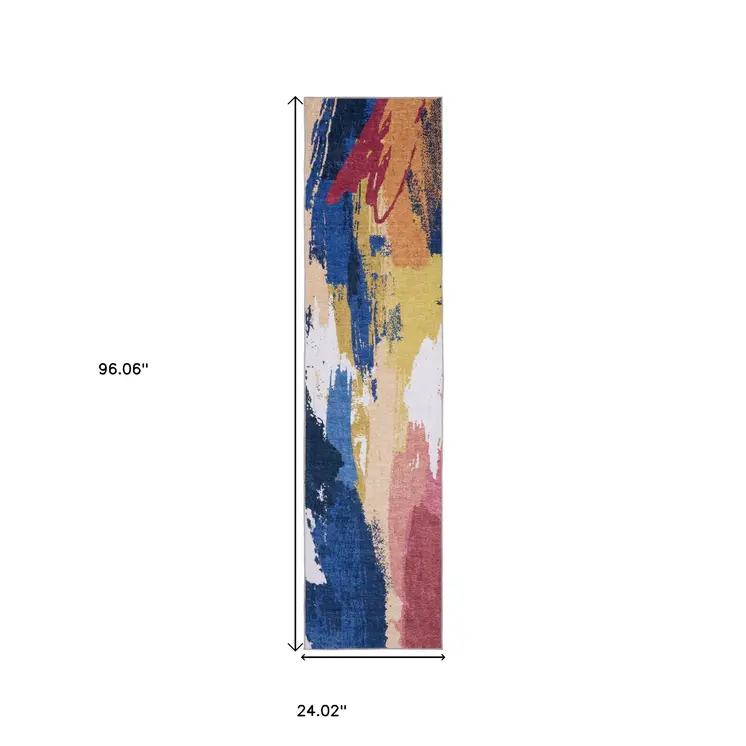 8' Blue And Gold Abstract Distressed Runner Rug