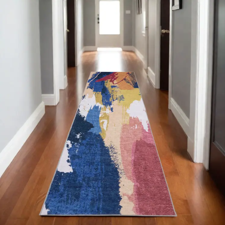 8' Blue And Gold Abstract Distressed Runner Rug
