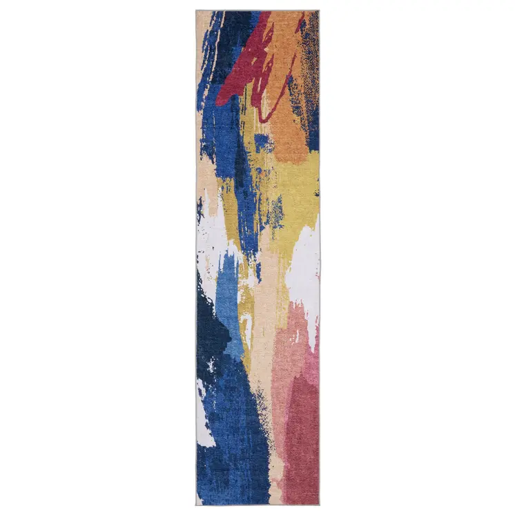 8' Blue And Gold Abstract Distressed Runner Rug
