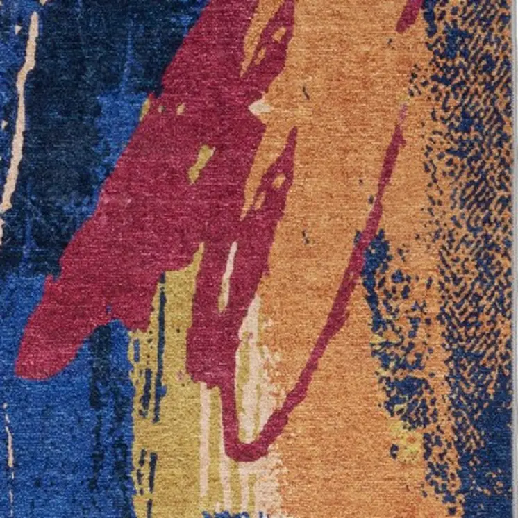 8' Blue And Gold Abstract Distressed Runner Rug