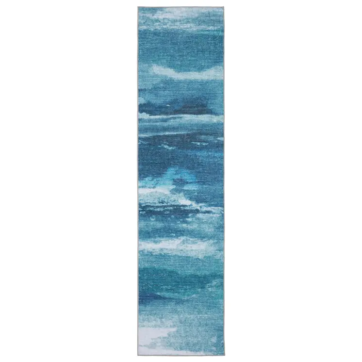 8' Sky Blue And Ivory Abstract Distressed Runner Rug