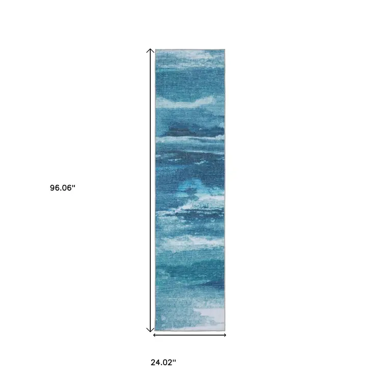 8' Sky Blue And Ivory Abstract Distressed Runner Rug