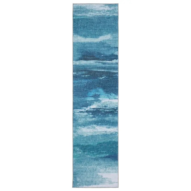 8' Sky Blue And Ivory Abstract Distressed Runner Rug