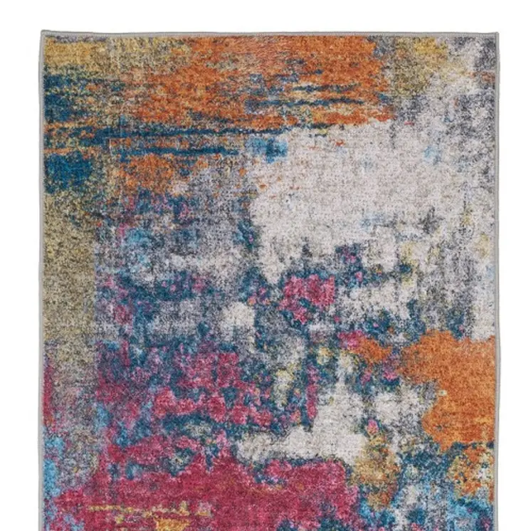 8' Blue Ivory And Orange Abstract Distressed Runner Rug