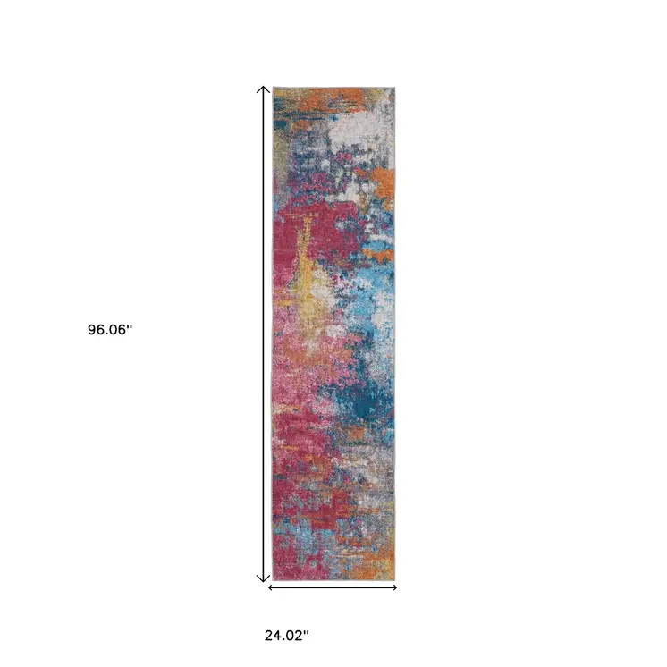 8' Blue Ivory And Orange Abstract Distressed Runner Rug
