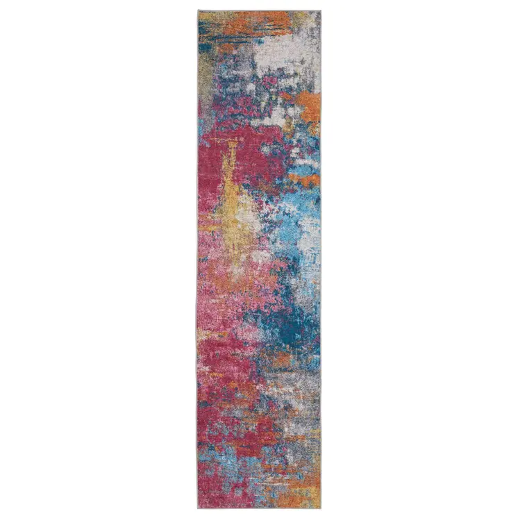8' Blue Ivory And Orange Abstract Distressed Runner Rug