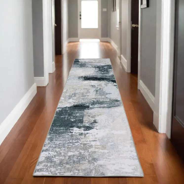 8' Ivory And Gray Abstract Distressed Runner Rug