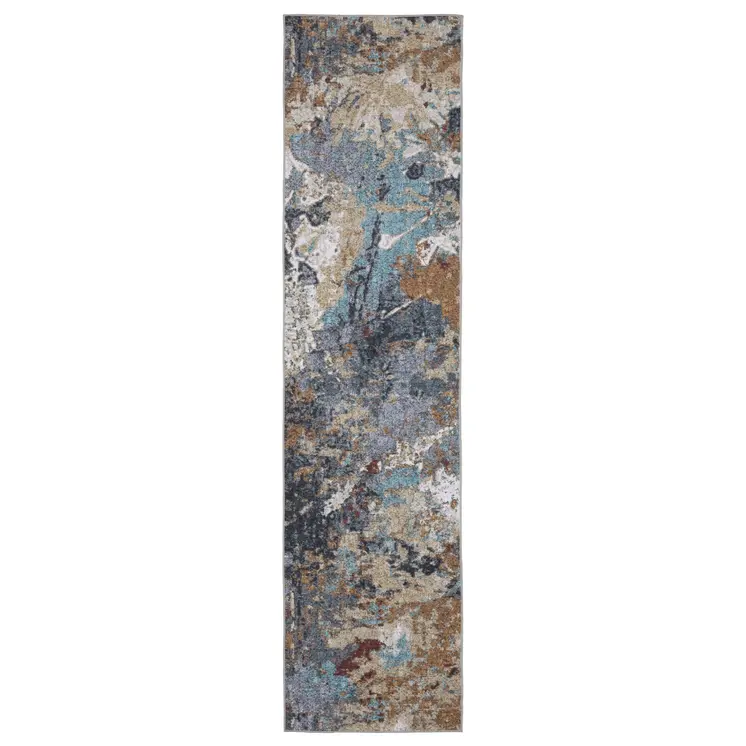 8' Blue And Rust Abstract Distressed Runner Rug