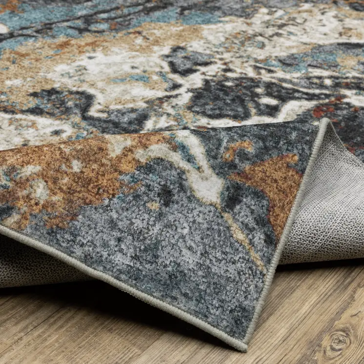 8' Blue And Rust Abstract Distressed Runner Rug