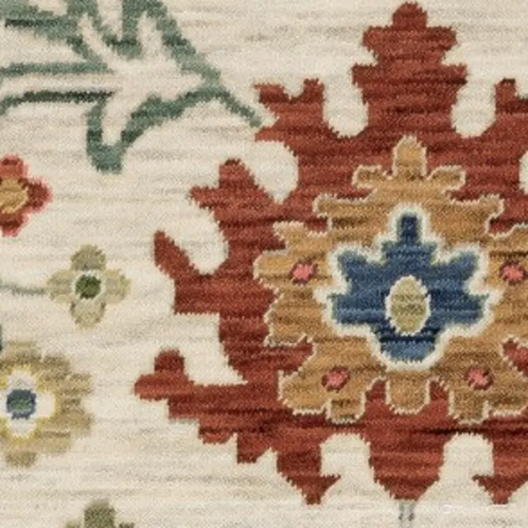 3' X 5' Ivory Blue And Red Oriental Area Rug With Fringe