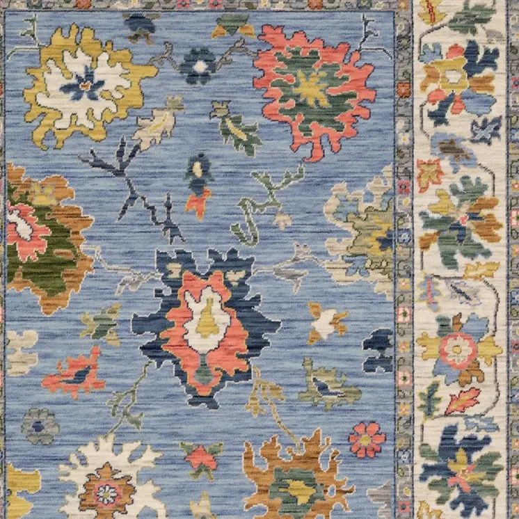 3' X 5' Blue Yellow And Ivory Oriental Area Rug With Fringe