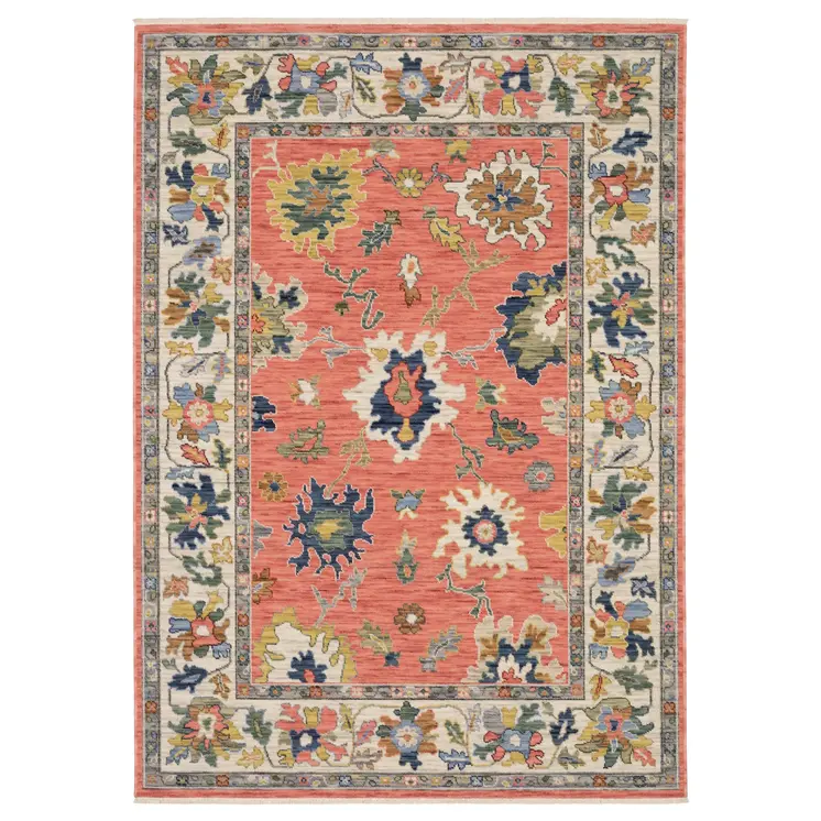 3' X 5' Salmon Blue And Yellow Oriental Area Rug With Fringe