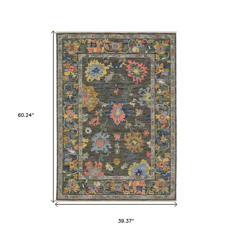 3' X 5' Gray Yellow And Blue Oriental Area Rug With Fringe