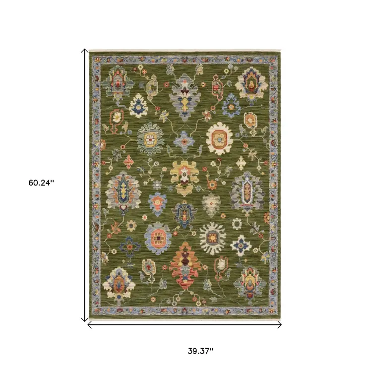3' X 5' Green Gray And Light Blue Oriental Area Rug With Fringe