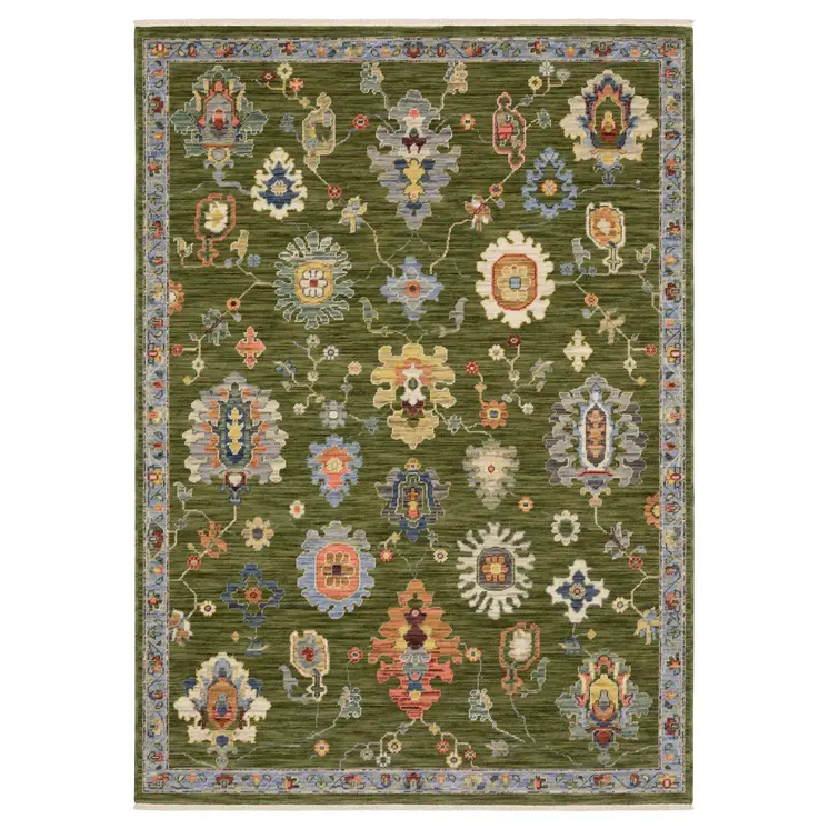 3' X 5' Green Gray And Light Blue Oriental Area Rug With Fringe
