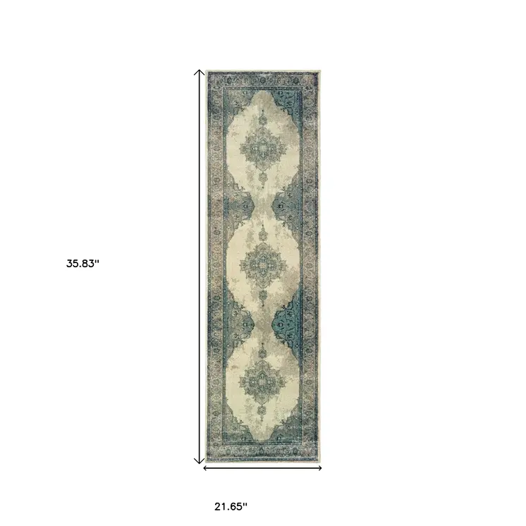 2' X 3' Ivory And Blue Oriental Area Rug