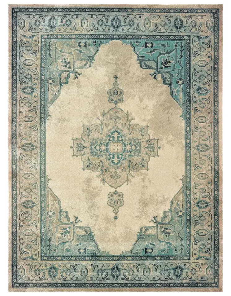 2' X 3' Ivory And Blue Oriental Area Rug
