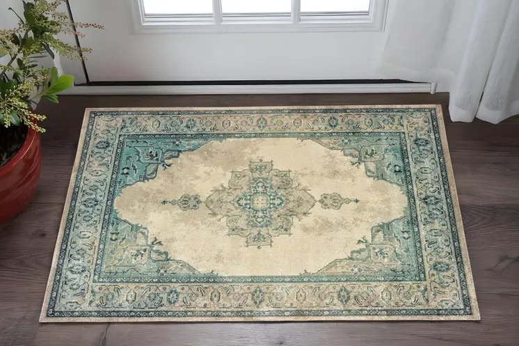 2' X 3' Ivory And Blue Oriental Area Rug