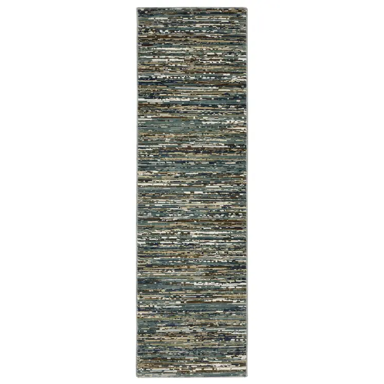 8' Blue Brown And Ivory Striped Runner Rug