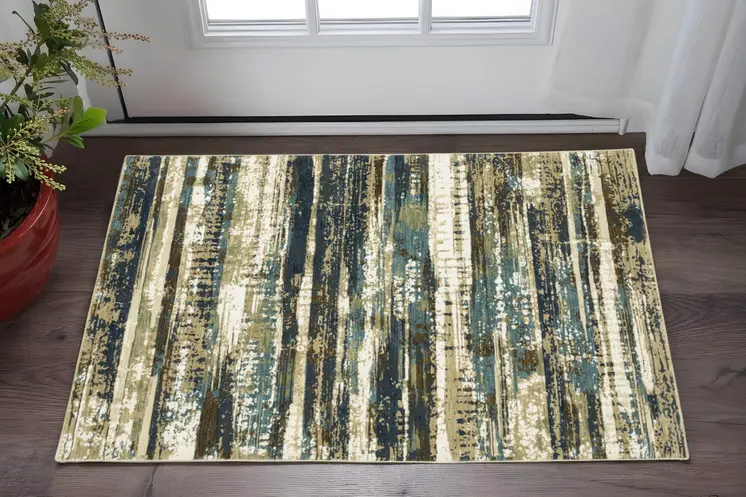 3' X 5' Beige And Blue Abstract Area Rug