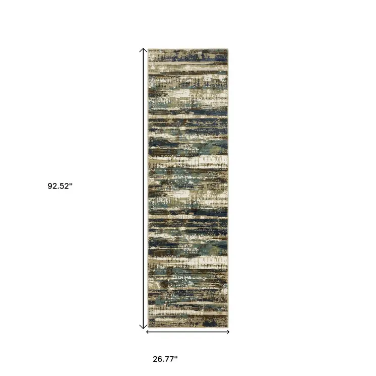 8' Beige And Blue Abstract Runner Rug