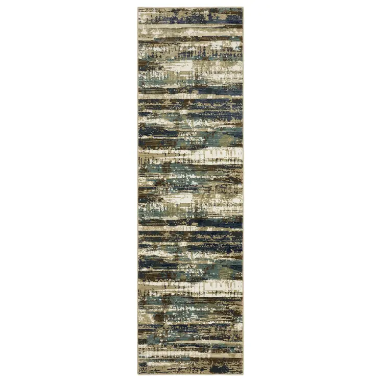 8' Beige And Blue Abstract Runner Rug
