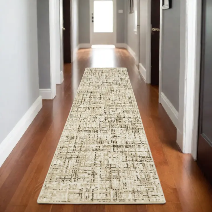 8' Ivory And Brown Abstract Runner Rug