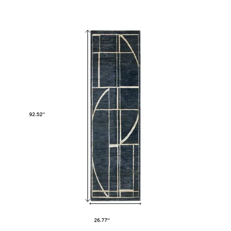8' Blue And Ivory Geometric Runner Rug