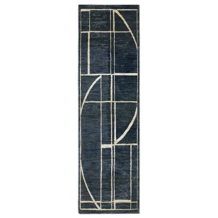 8' Blue And Ivory Geometric Runner Rug