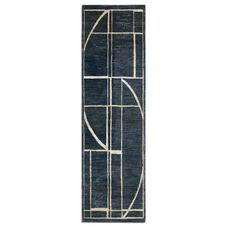 8' Blue And Ivory Geometric Runner Rug