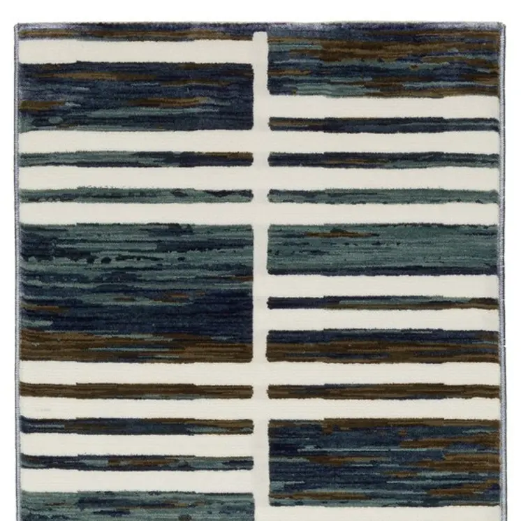 8' Ivory And Blue Geometric Runner Rug