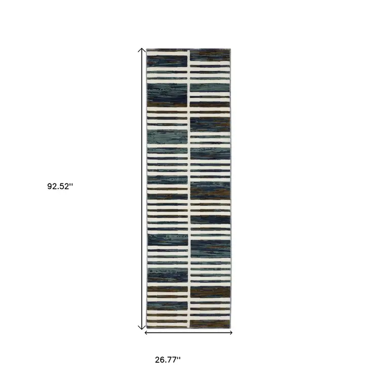 8' Ivory And Blue Geometric Runner Rug