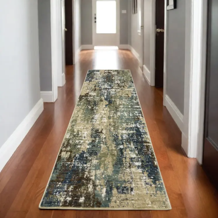 8' Blue And Green Abstract Runner Rug