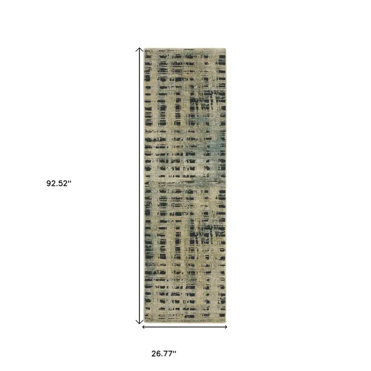 8' Beige And Blue Geometric Runner Rug