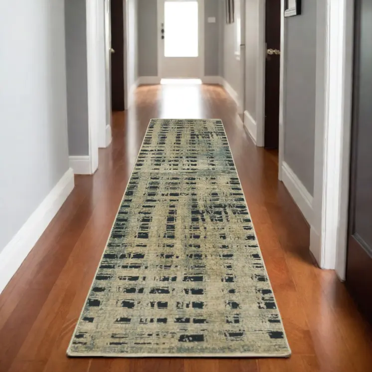 8' Beige And Blue Geometric Runner Rug