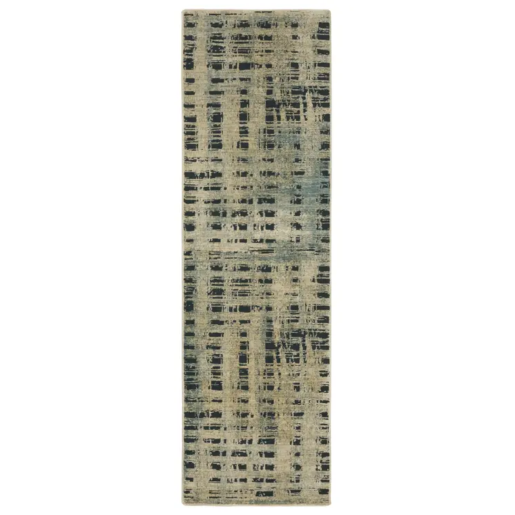 8' Beige And Blue Geometric Runner Rug