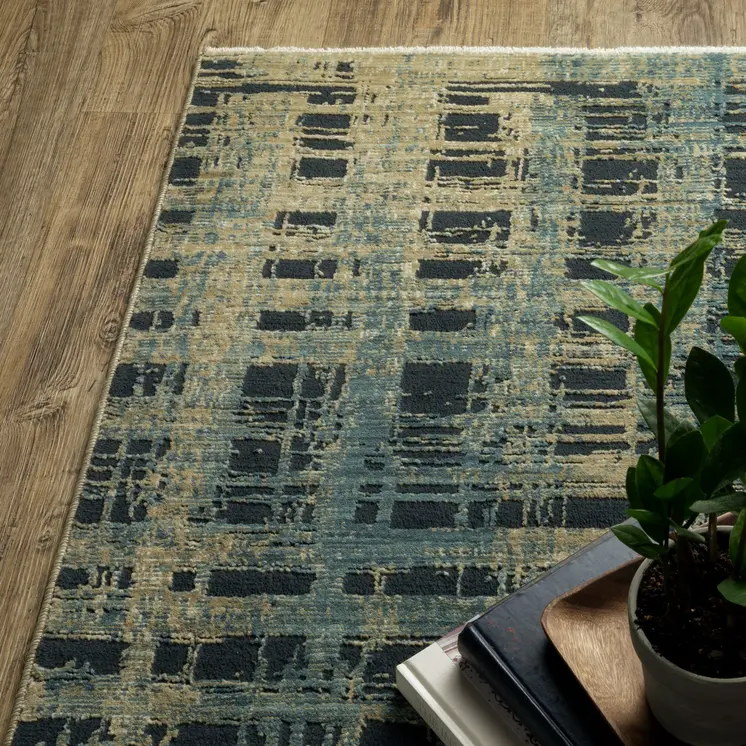 8' Beige And Blue Geometric Runner Rug
