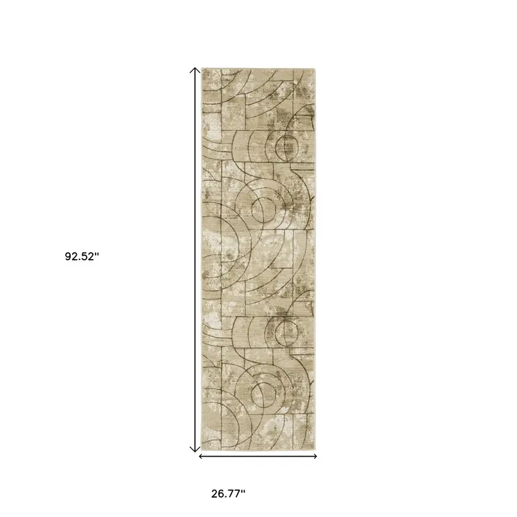 8' Beige And Brown Geometric Runner Rug